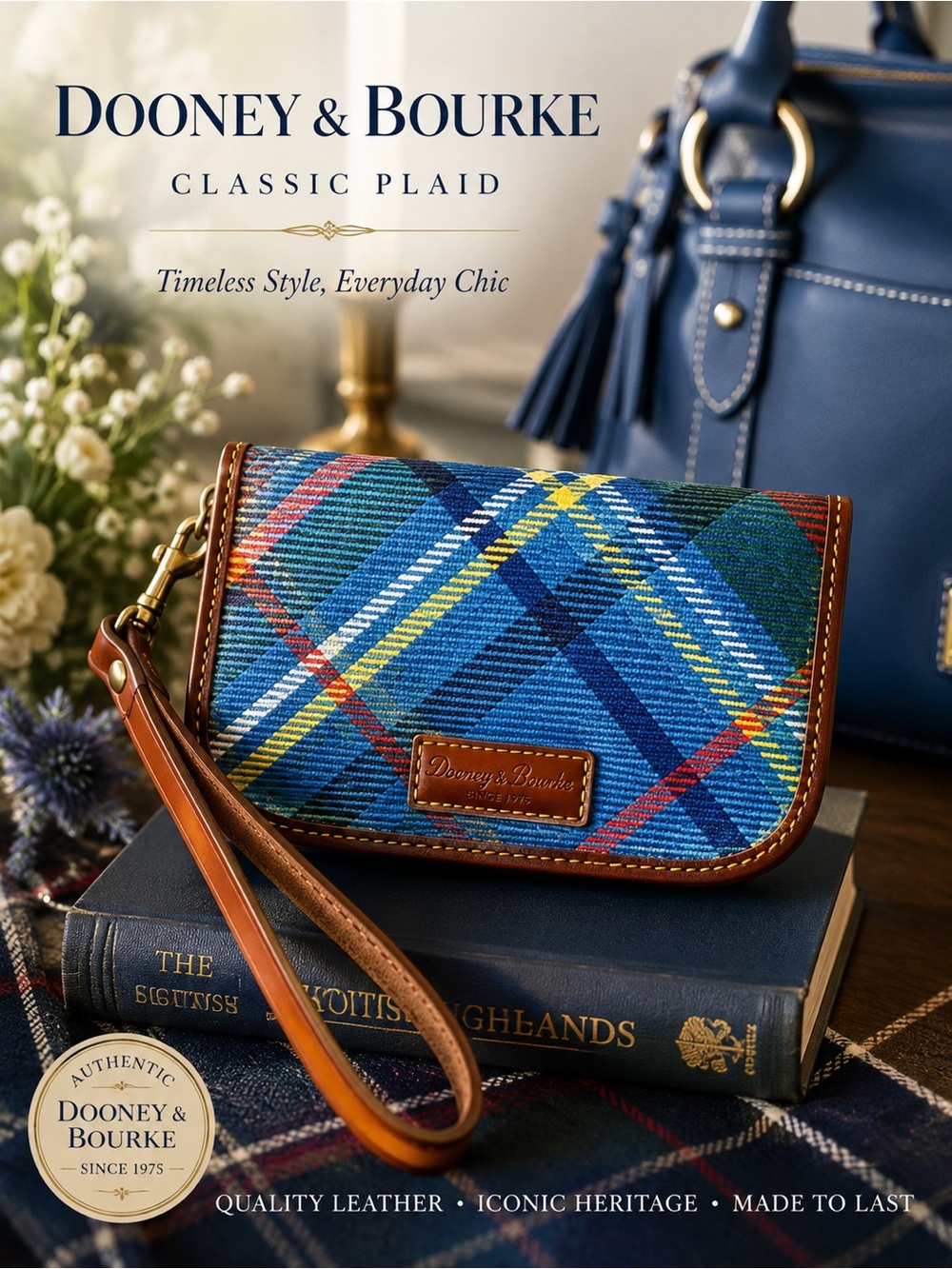 Dooney & Bourke Small Flap Blue Plaid Wristlet Clutch - Vachetta Leather Trim
